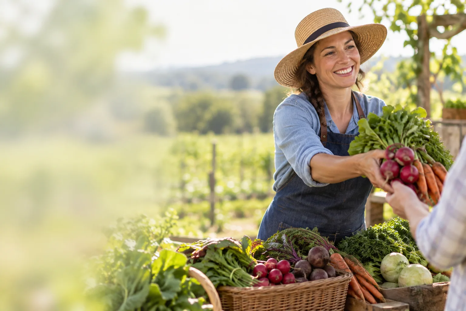 Illustration of a farm producer sharing a harvest of vegetables at an outdoor stand.