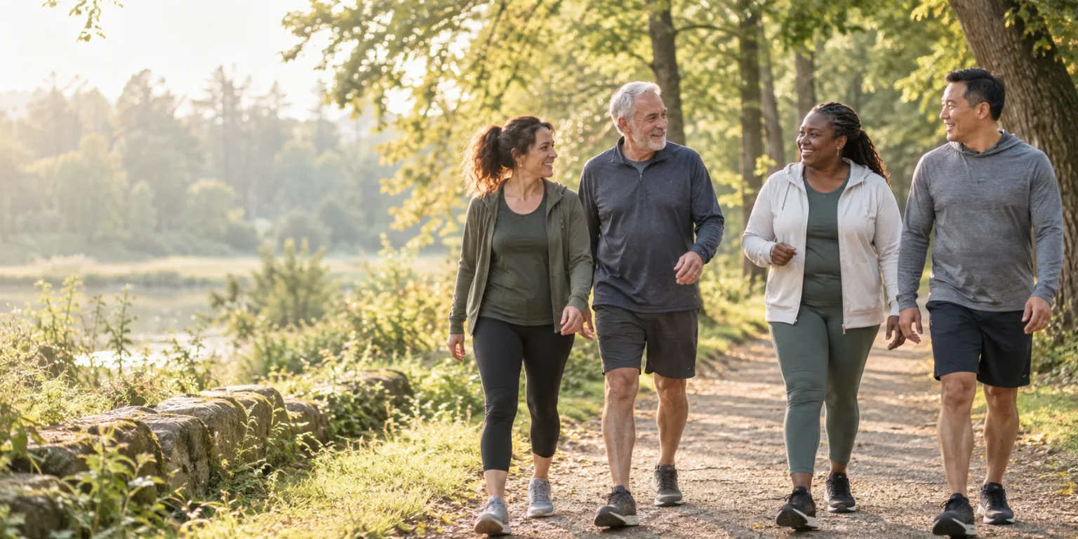 Illustrative scene of adults walking together in a leafy park