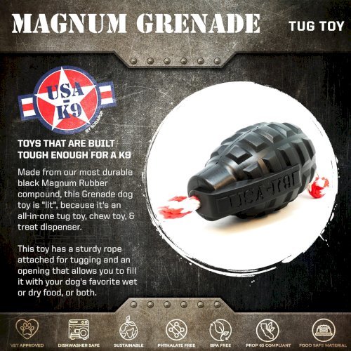 USA-K9 Magnum Grenade - Black Magnum Rubber Chew Toy for Extreme Chewers